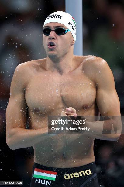 Nandor Nemeth of Team Hungary prepares to compete in the Men’s 100m Freestyle Heats on day four of the Olympic Games Paris 2024 at Paris La Defense...