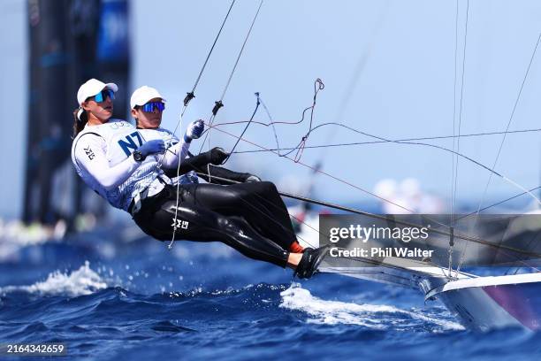 Jo Aleh and Molly Meech of Team New Zealand compete in the Women's Skiff 49erFX class on day four of the Olympic Games Paris 2024 at Marseille Marina...