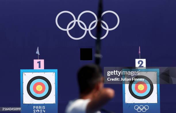 Thomas Chirault of Team France competes in the Archery Men's Individual 1/32 Elimination Round against Andres Vera Hernandez of Team Colombia on day...