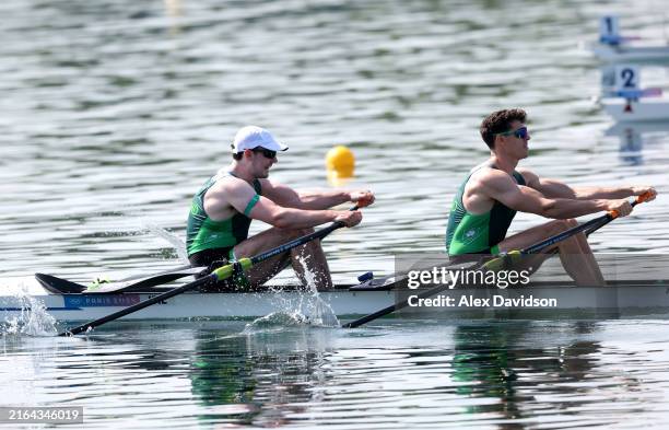 Daire Lynch and Philip Dpyle of Team Ireland compete in the Rowing Men's Double Sculls Semifinal on day four of the Olympic Games Paris 2024 at...
