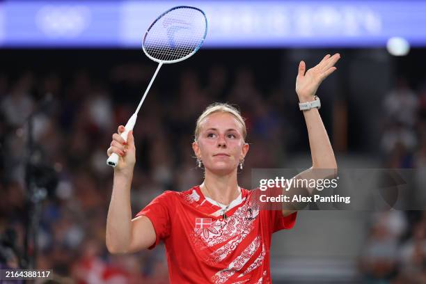 Mia Blichfeldt of Team Denmark celebrates after defeating Yvonne Li of Team Germany during the Women's Singles Group Play Stage - Group P match on...