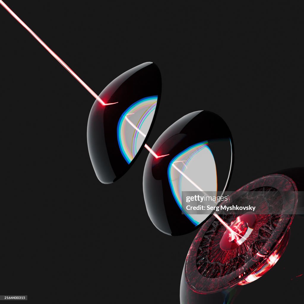 Abstract model of the human eye with contact lenses and a laser beam through them.