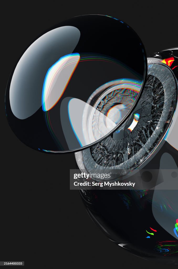 Close-up of an abstract human eye with contact lenses near the retina.
