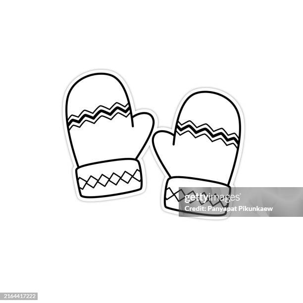 vector illustration of pair of pink mittens with white pattern staying warm in winter black and white drawing for children to learn to color according to the picture. - worksheet stock illustrations