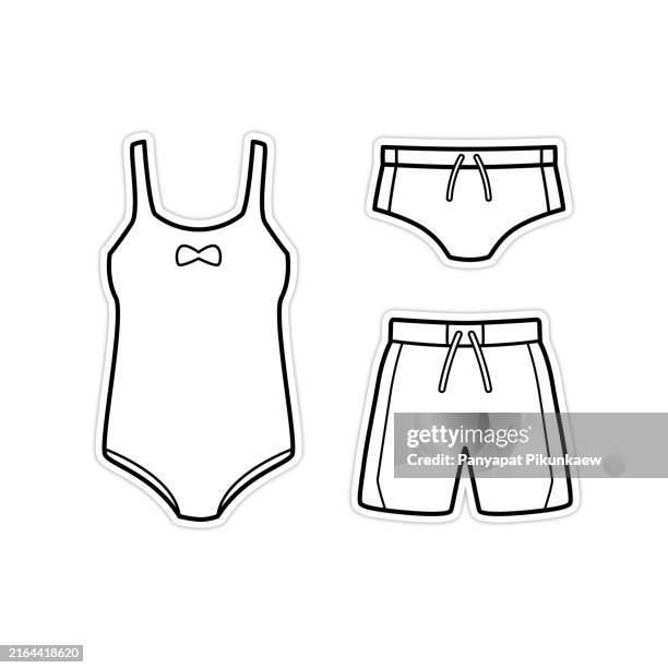 bildbanksillustrationer, clip art samt tecknat material och ikoner med vector illustration of swimsuits for men and women displaying summer fashion black and white drawing for children to learn to color according to the picture. - badkläder