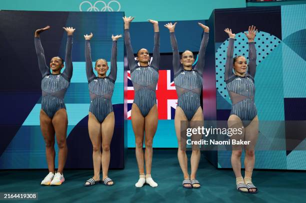 Members of Team Great Britain are introduced during the Artistic Gymnastics Women's Team Final on day four of the Olympic Games Paris 2024 at Bercy...