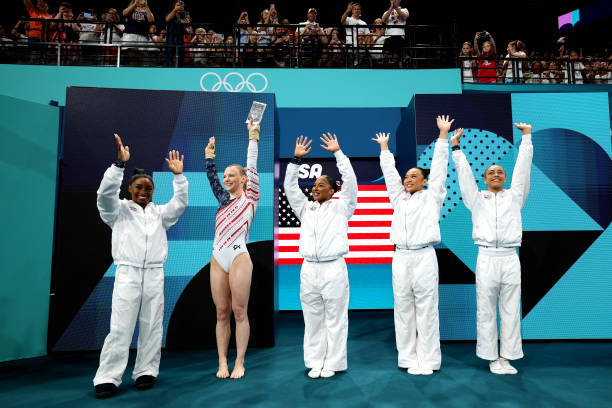 Team United States is introduced during the Artistic Gymnastics Women's Team Final on day four of the Olympic Games Paris 2024 at Bercy Arena on July...
