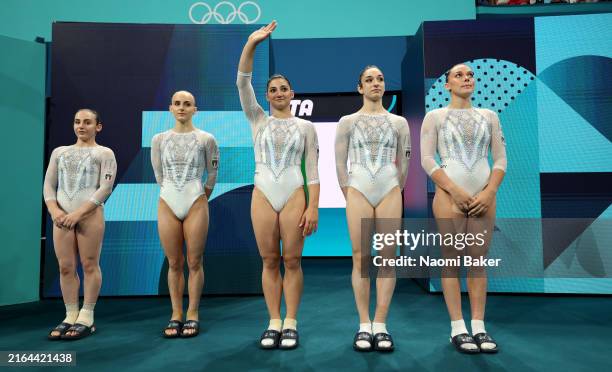 Members of Team Italy are introduced during the Artistic Gymnastics Women's Team Final on day four of the Olympic Games Paris 2024 at Bercy Arena on...