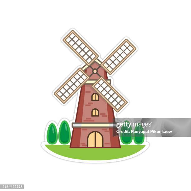 vector illustration of classic brick windmill standing on grass field. - mill stock illustrations