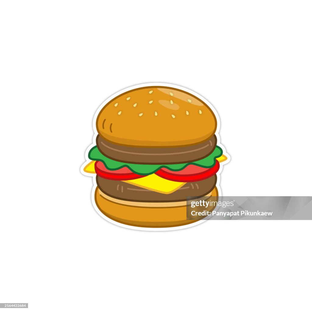 Vector illustration of Big tasty burger being prepared on white background.