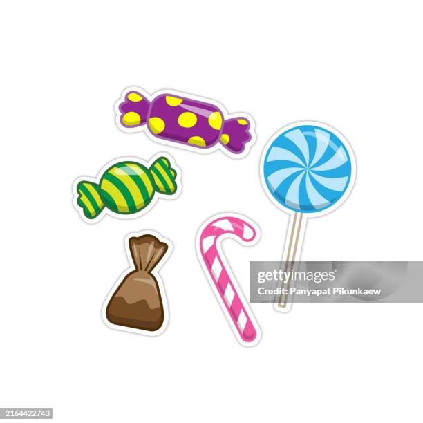 vector illustration of colorful candy set with lollipop, wrapped candy, and candy bag. - candy stock illustrations