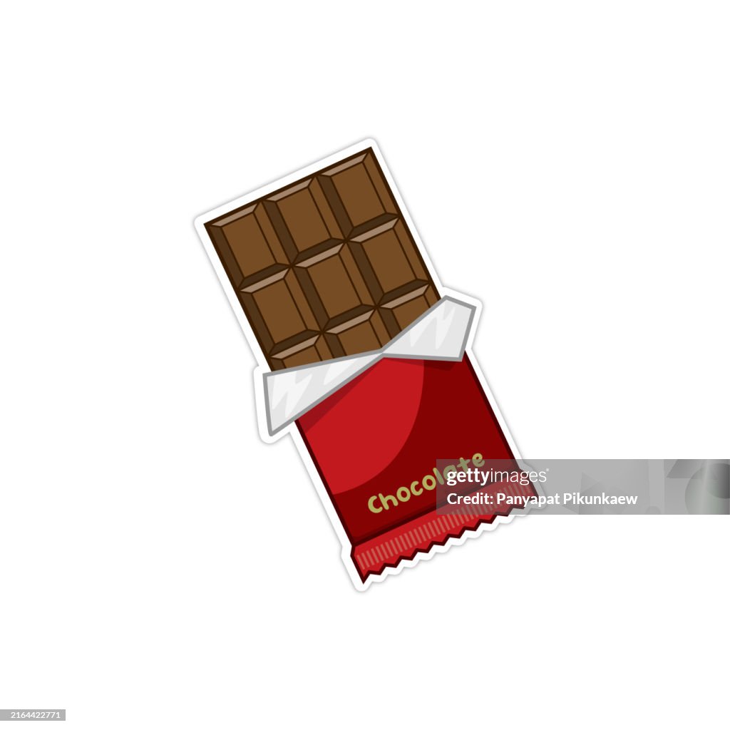 Vektorillustration eines Schokoladenriegels, der teilweise in rote Folie eingewickelt ist.