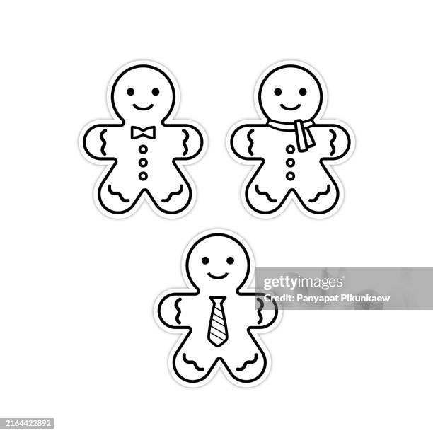ilustraciones, imágenes clip art, dibujos animados e iconos de stock de ilustración vectorial de tres hombres de jengibre con accesorios que celebran la navidad dibujo en blanco y negro para que los niños aprendan a colorear según la imagen. - galletas navidad