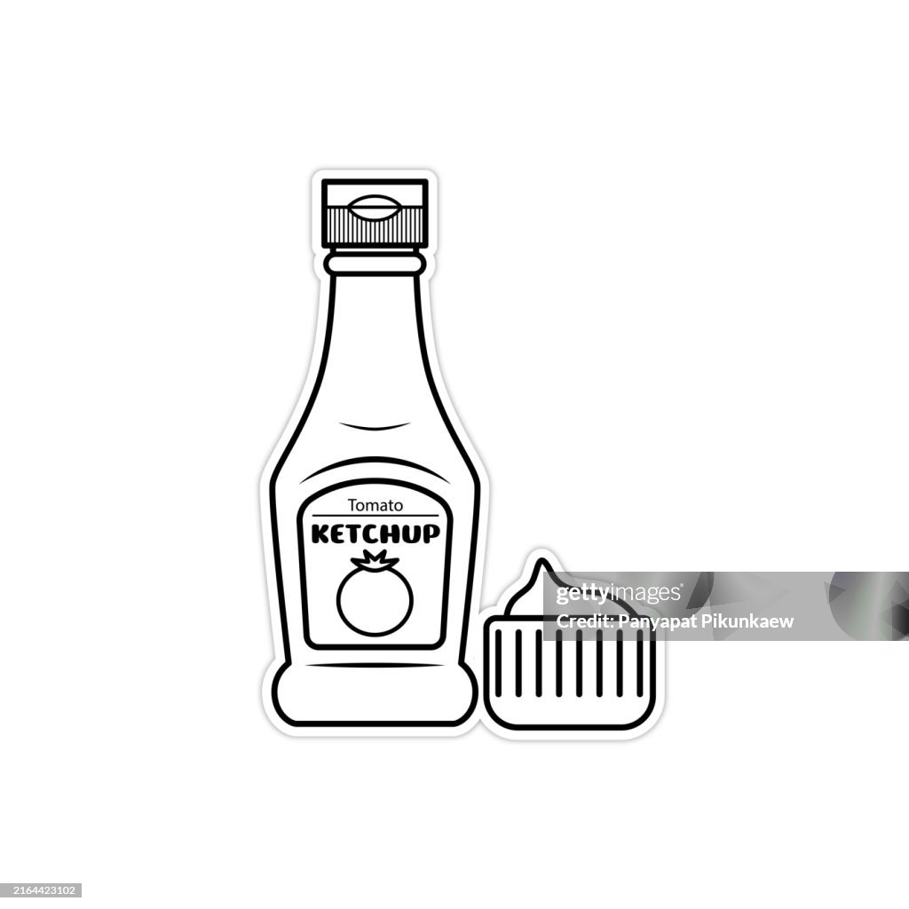 Vector illustration of Plastic bottle full of tomato ketchup with serving container black and white drawing For children to learn to color according to the picture.
