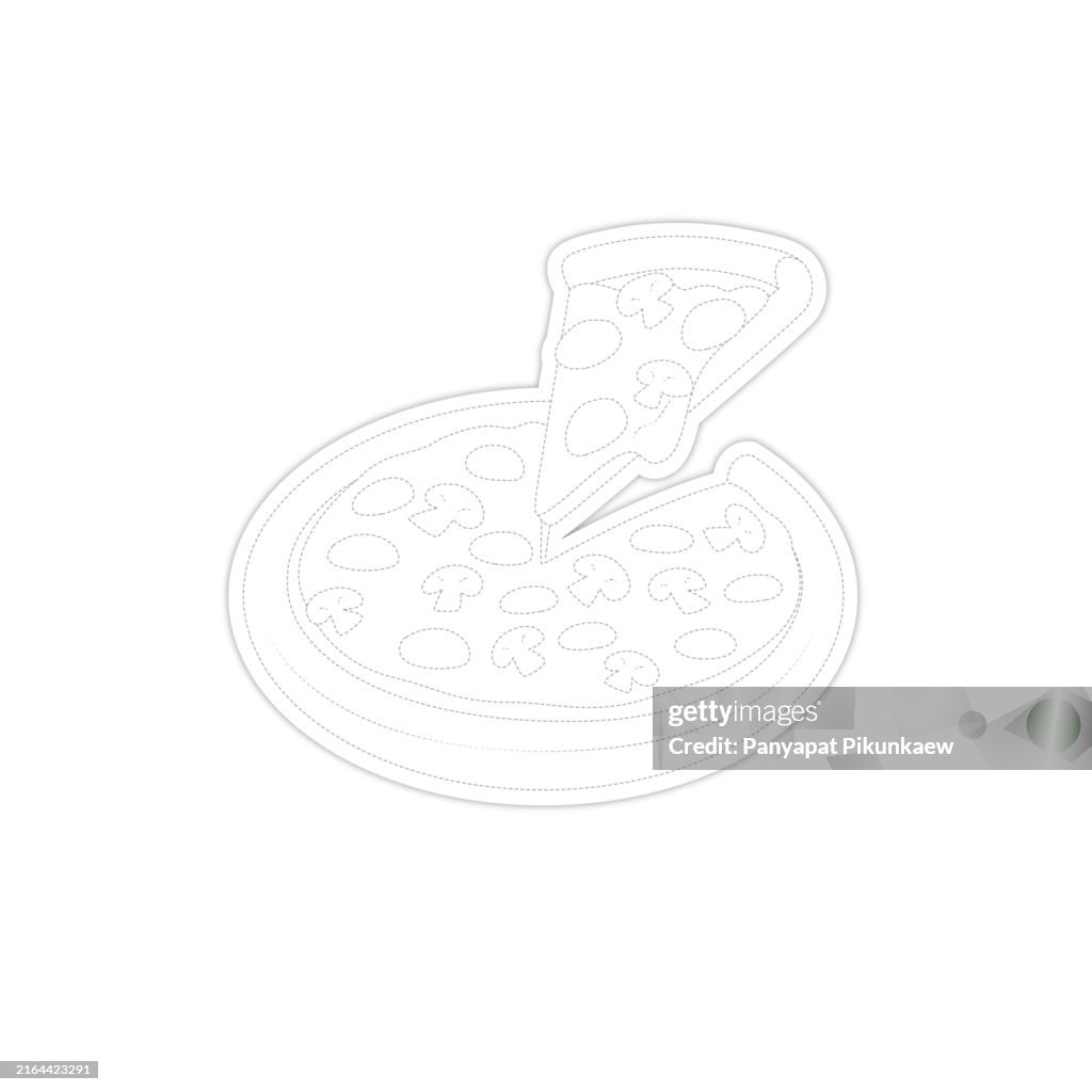 Vector illustration of Delicious pepperoni and mushroom pizza slice being removed from pie black and white drawing For children to learn to color according to the picture dot to dot line drawing For children to learn to draw lines along the dotted lines.