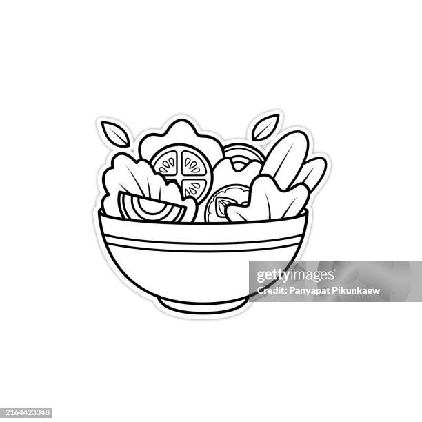 vektorillustration der salatschüssel für eine gesunde mahlzeit schwarz-weiß-zeichnung für kinder, um zu lernen, nach dem bild zu malen. - salatschüssel stock-grafiken, -clipart, -cartoons und -symbole