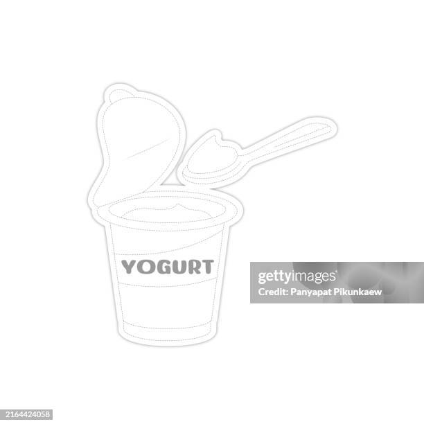 vector illustration of spoon taking yogurt from opened plastic cup dot to dot line drawing for children to learn to draw lines along the dotted lines. - school snacks stock illustrations