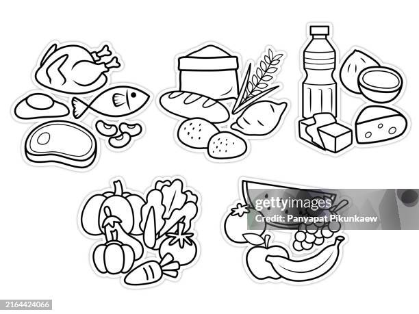 vector illustration of food pyramid showing healthy eating habits with fruits, vegetables, grains, meat and dairy black and white drawing for children to learn to color according to the picture. - carbohydrate food type stock illustrations