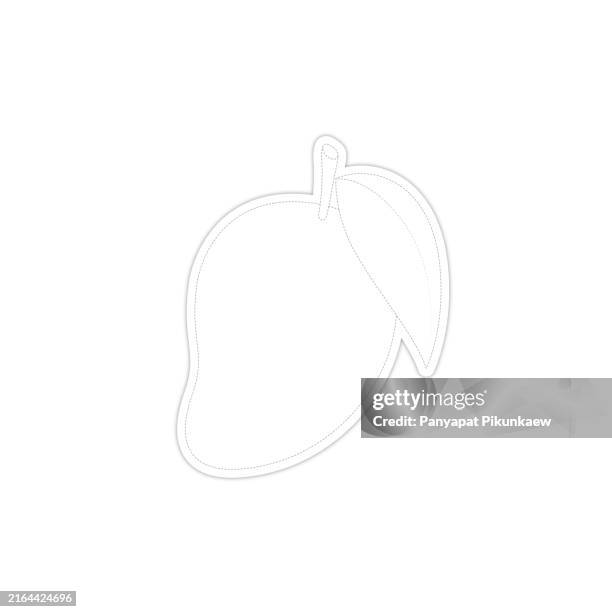 vector illustration of yellow cartoon mango with green leaf sticker illustration dot to dot line drawing for children to learn to draw lines along the dotted lines. - mango white background stock illustrations