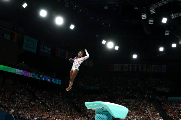 Simone Biles of Team United States competes on the vault during the Artistic Gymnastics Women's Team Final on day four of the Olympic Games Paris...