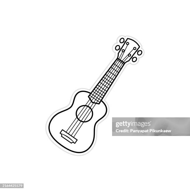 vektorillustration von aufkleber einer niedlichen ukulele mit vier diagonal liegenden saiten schwarz-weiß-zeichnung für kinder, um zu lernen, nach dem bild zu malen. - akustikgitarre stock-grafiken, -clipart, -cartoons und -symbole