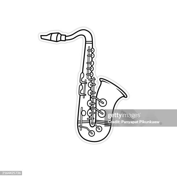 illustrations, cliparts, dessins animés et icônes de illustration vectorielle de saxophone doré debout sur fond blanc dessin noir et blanc pour que les enfants apprennent à colorier en fonction de l’image. - saxophone