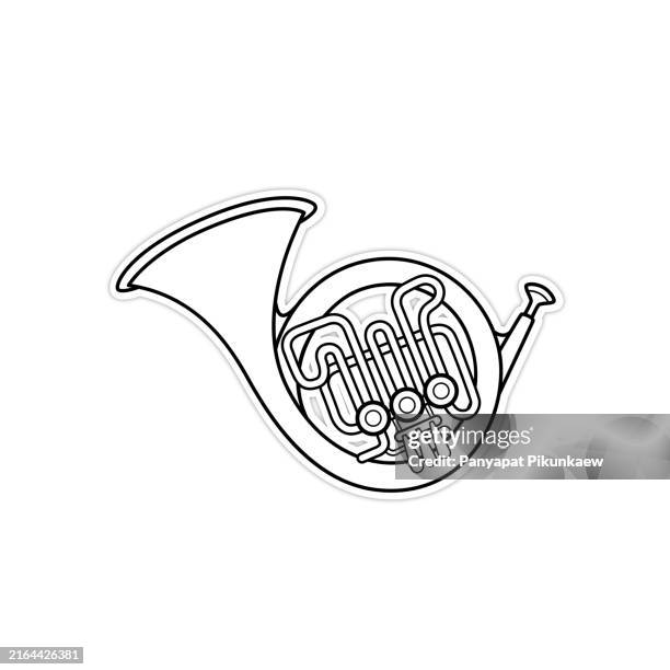 ilustrações de stock, clip art, desenhos animados e ícones de vector illustration of yellow brass french horn musical instrument sticker black and white drawing for children to learn to color according to the picture. - tuba