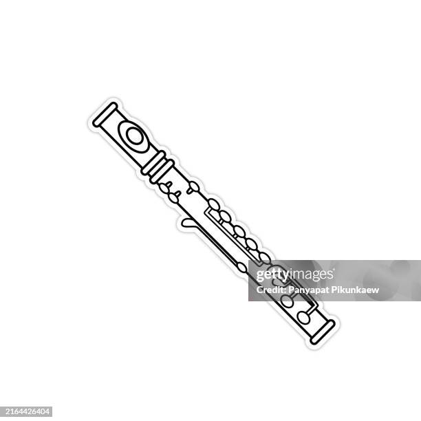 vector illustration of silver flute lying diagonally with musical notes black and white drawing for children to learn to color according to the picture. - playing flute stock illustrations