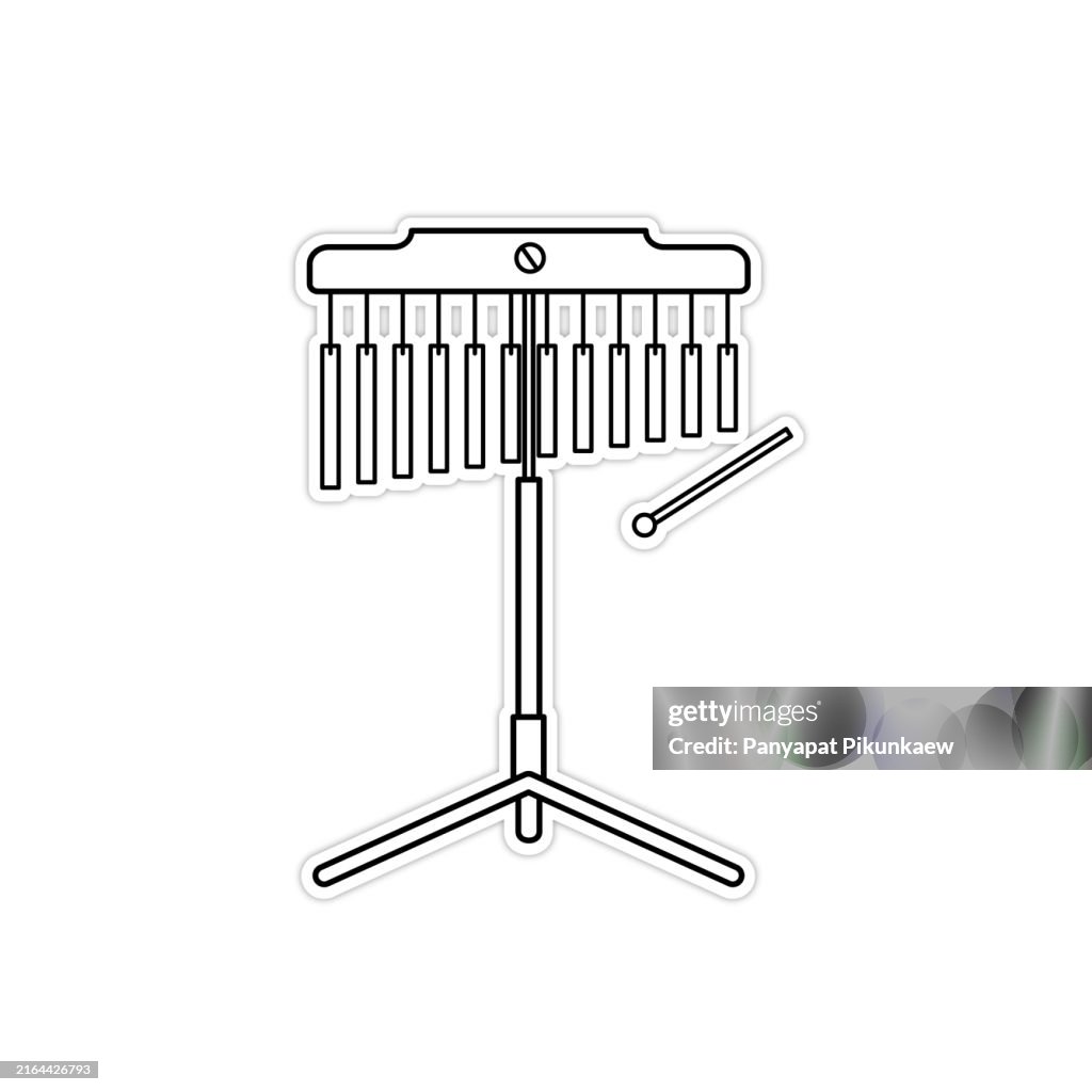 Vector illustration of Orchestral tubular bells standing on tripod with mallet lying nearby black and white drawing For children to learn to color according to the picture.