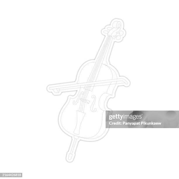 vector illustration of cartoon cello with bow lying on white background dot to dot line drawing for children to learn to draw lines along the dotted lines. - playing cello stock illustrations