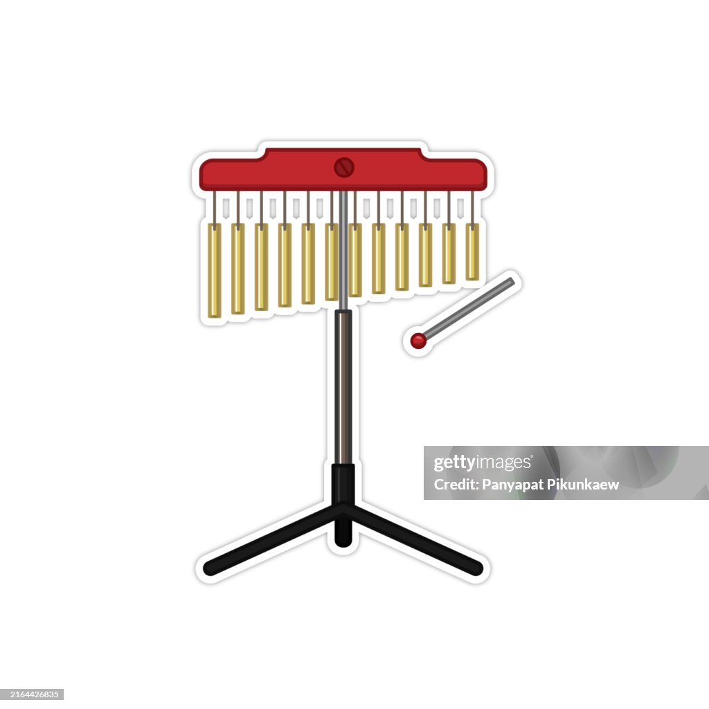 Vector illustration of Orchestral tubular bells standing on tripod with mallet lying nearby.
