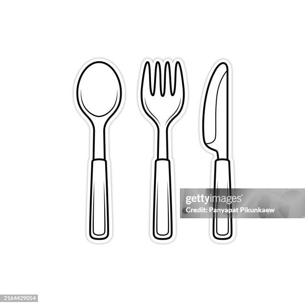 illustrations, cliparts, dessins animés et icônes de illustration vectorielle de cuillère, fourchette et couteau formant un ensemble de couverts avec des poignées violettes - cuillère