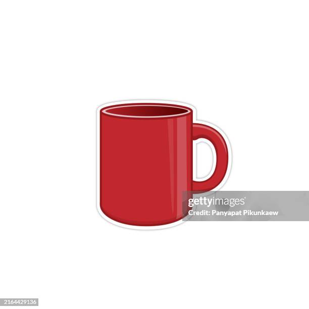 vector illustration of red coffee mug sticker representing hot beverage and morning routine. - red cup stock illustrations