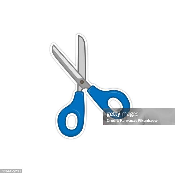 vector illustration of blue scissors cutting with blades open on white background. - fun office stock illustrations