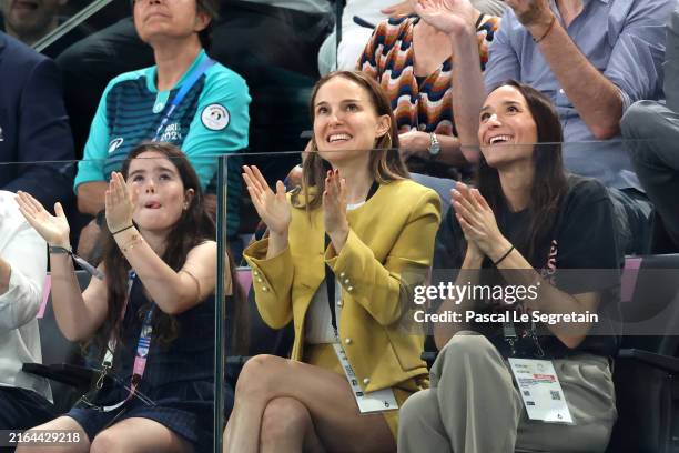 Natalie Portman is seen during the Artistic Gymnastics Women's Team Final on day four of the Olympic Games Paris 2024 at Bercy Arena on July 30, 2024...
