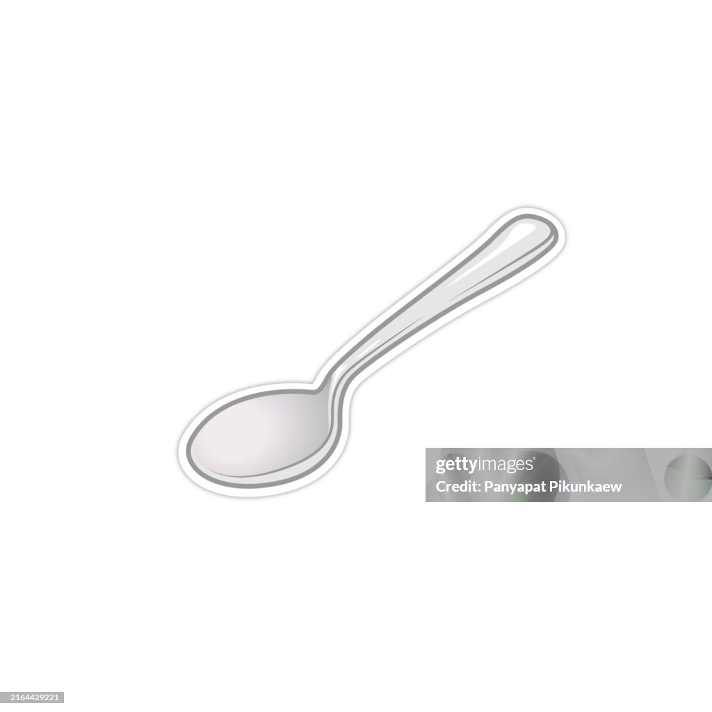 Vector illustration of Silver spoon lying diagonally with shadow on white background.