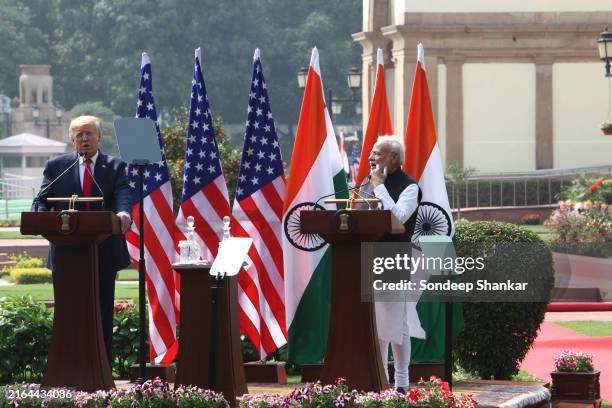 President Donald Trump and Indian Prime Minister Narendra Modi addressing media after their meeting at Hyderabad House in New Delhi, India on Tuesday...