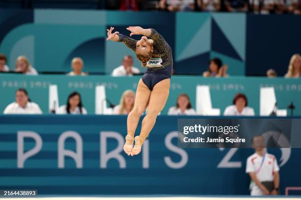 Flavia Saraiva of Team Brazil competes on the Floor during the Artistic Gymnastics Women's Team Final on day four of the Olympic Games Paris 2024 at...