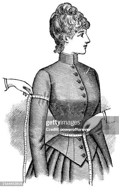 victorian woman being measured by a seamstress - 19th century - tailor stock illustrations
