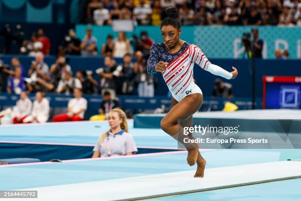Simone Biles of United States competes in the vault event during women's team final of the Artistic Gymnastics on Bercy Arena during the Paris 2024...