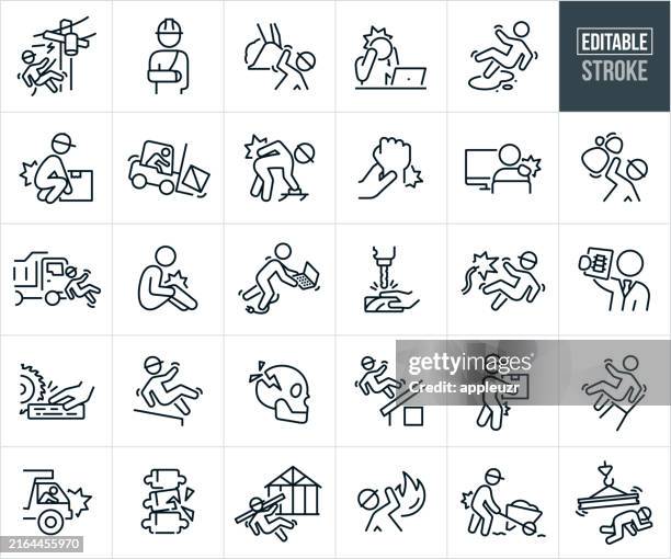 ilustraciones, imágenes clip art, dibujos animados e iconos de stock de workplace injury thin line icons - editable stroke - siniestro