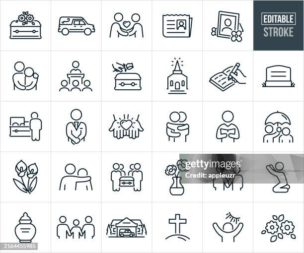 ilustraciones, imágenes clip art, dibujos animados e iconos de stock de iconos de líneas finas funerarias - trazo editable - funeral