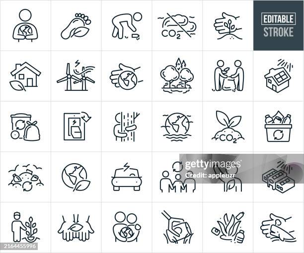 environmental conservation thin line icons - editable stroke - pollution icon stock illustrations
