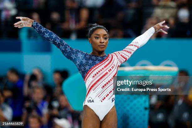 Simone Biles of United States competes in the Vault during Women's Team Final of the Artistic Gymnastics on Bercy Arena during the Paris 2024...