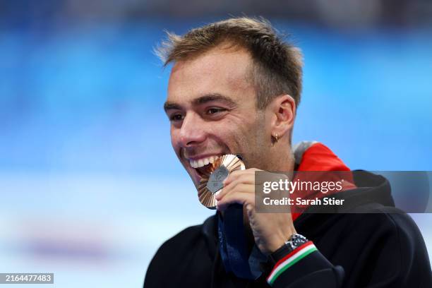 Bronze Medalist Gregorio Paltrinieri of Team Italy poses following the Swimming medal ceremony after the Men's 800m Freestyle Final on day four of...