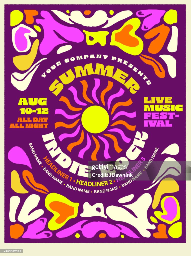 Indie Rock summer festival retro poster typography design template with bright colors and abstract shapes