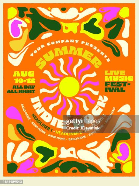 indie rock summer festival retro poster typography design template with bright colors and abstract shapes - psychedelic music stock illustrations