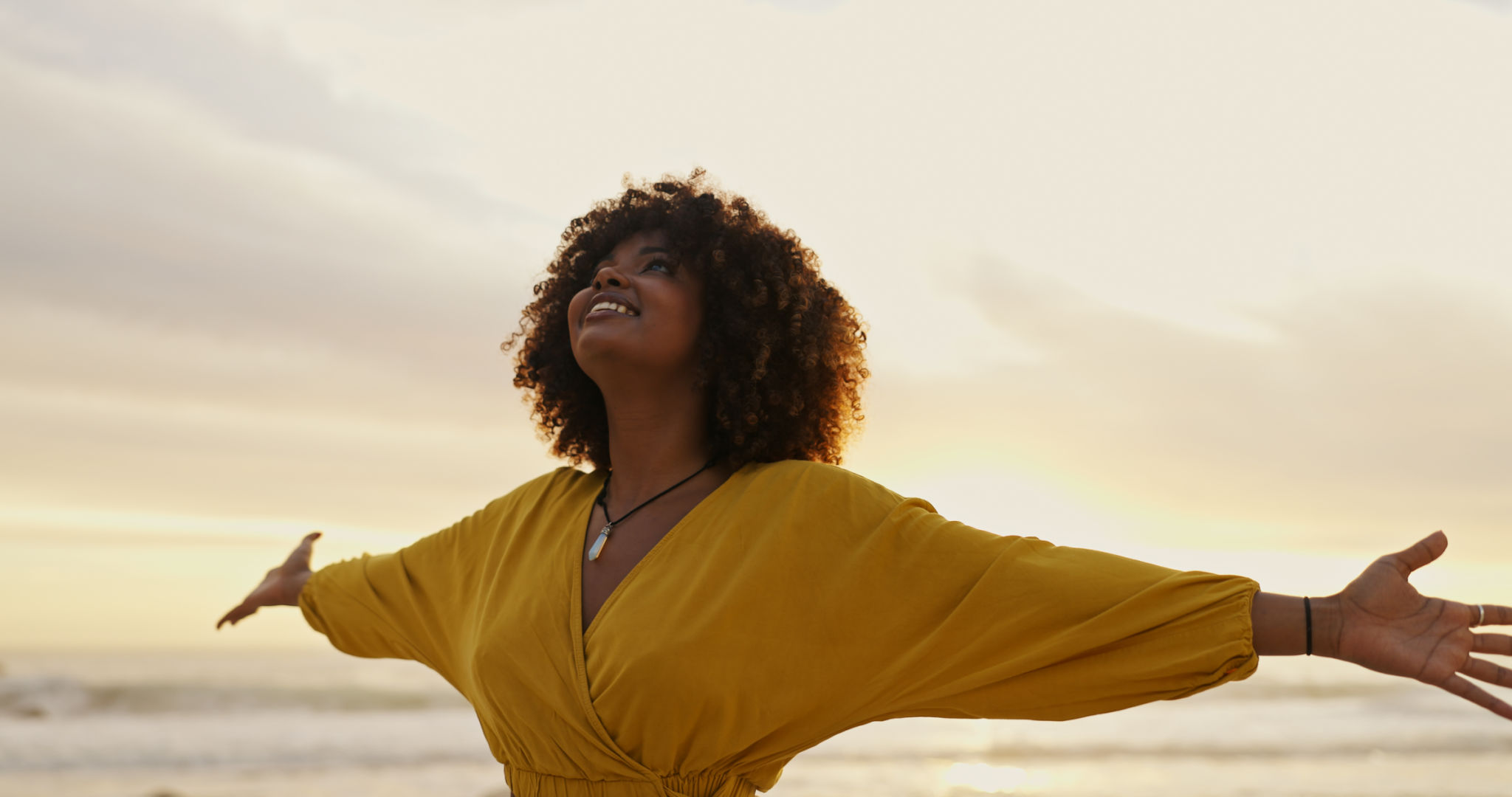 Sunrise, beach and happy woman for freedom, vacation and holiday weekend in Miami with smile. Ocean, mindfulness and carefree for adventure, peaceful and joy for sea breeze by scenic view outdoor Sunrise, beach and happy woman for freedom, vacation and holiday weekend in Miami with smile. Ocean, mindfulness and carefree for adventure, peaceful and joy for sea breeze by scenic view outdoor