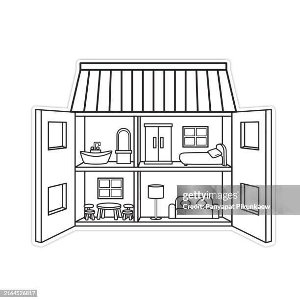 illustrations, cliparts, dessins animés et icônes de illustration vectorielle de maison de poupée rose et verte avec des meubles à l’intérieur, montrant le salon, la chambre et la salle de bain dessin en noir et blanc pour que les enfants apprennent à colorier selon l’image. - maison de poupée