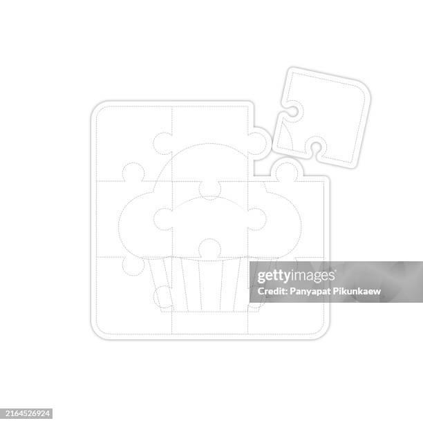 vector illustration of a chocolate cupcake puzzle with a missing piece is representing the concept of problem solving dot to dot line drawing for children to learn to draw lines along the dotted lines. - chocolate bits stock illustrations